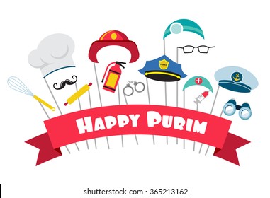 design for Jewish holiday Purim with masks and traditional props. Vector illustration
