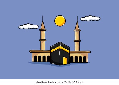 Design Ka'bah Cartoon Illustration Blue Background