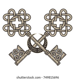 Design of the Keys in the Celtic style. Sign of wisdom, isolated on white, vector illustration