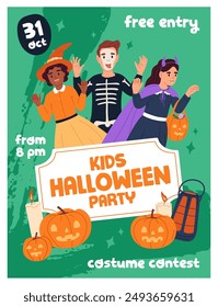 Design of kid Halloween celebration event poster. Template of carnival Helloween party with disguise promotion. Children in masquerade costumes making faces. Trick or treat. Flat vector illustration