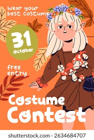 Design of kids Halloween party event poster. Advertising template of costume contest at carnival. Promotion layout of masquerade with little child in Helloween suit of fairy. Flat vector illustration