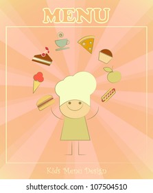 Design of kids menu with chefs and set of food in Retro Style - vector illustration