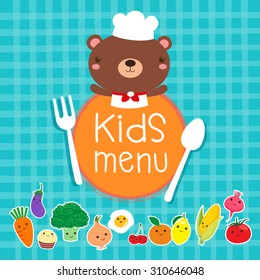 Design of kids menu with cute bear chef over blue background 