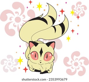 diseño gato kirara vector anime a todo color con estrellas y flores sakura