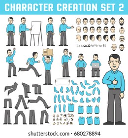Design kit for creating a character in various poses. Isolated parts of the body and face. A man stands, shows, runs, eats, sits with a laptop and more.
