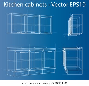 Design kitchen furniture. Wire-frame style. Perspective Blueprint. 3D Rendering Vector Illustration. EPS10 format