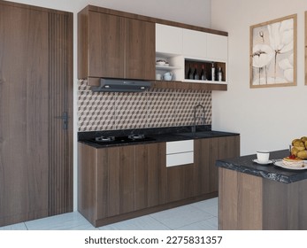 diseñar un conjunto de cocina con material o textura de madera y pintura blanca en el armario, una cocina sencilla para una cocina limpia