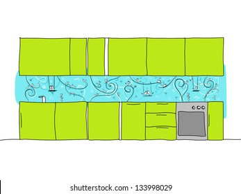 Design of kitchen wall with funny birds and cats