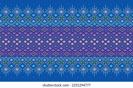 Design knit pattern vector, Cross stitch ethnic ornament background, Embroidery seamless geometry style, Blue and purple pattern ornamental thread, Design for textile, fabric, batik, curtain, pillows