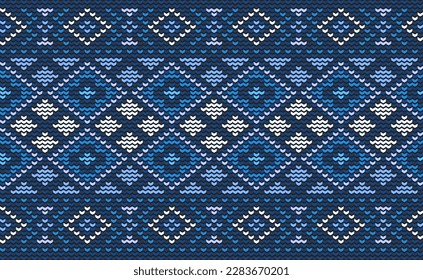 Design Strickmuster Vektor, ethnisch-geometrischer Hintergrund der Kreuzstiche, abstrakter, schöner Stilstil, Blaues Muster Motiv, Design für Textilien, Gewebe, Batik, Fliesen, Schürze