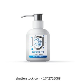 Design of the label of antibacterial liquid hand soap, concept of the logo, symbol of protection against viruses and bacteria, means of hand treatment against the covid-19 virus