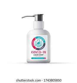 Design of the label of antibacterial liquid hand soap, concept of the logo, symbol of protection against viruses and bacteria, means of de-infection of hands from covid-19 viruses