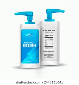 Design des Etiketts von antibakterieller flüssiger Handseife. Mockup von Antiseptikum, Handwaschflasche und Desinfektionsmittel Etikett und Flaschendesign mit Vektorgrafik eps