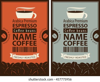 design label for coffee beans with cup in retro