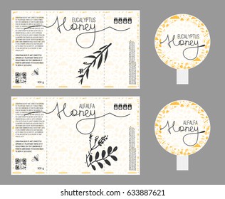 Design labels honey in hand drawn style with lettering.