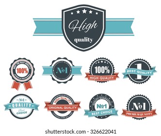 Design of labels, tags, logos blue retro style ribbons with signs of quality. Vector illustration. Set