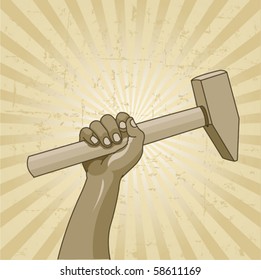 Design for Labor Day with worker?s hand holding a hammer