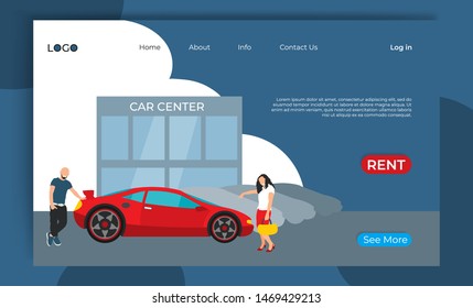 Design landing page for car center showroom. Man and woman buy new red sport car. Modern flat concept mobile website page for rent auto. Vector illustration for sale poster, banner, flyer template