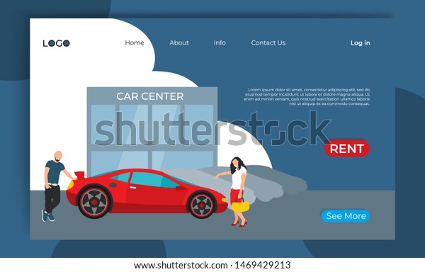 Design landing page for car center showroom. Man\
and woman buy new red sport car. Modern flat concept mobile website\
page for rent auto. Vector illustration for sale poster, banner,\
flyer template