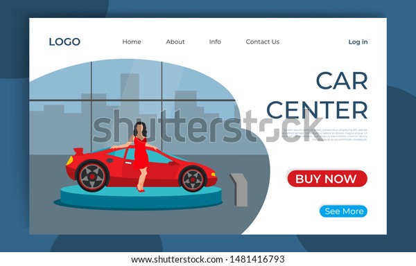 Design landing page for car center showroom.\
Young woman buy new red sport car. Modern flat concept mobile\
website page for rent auto. Vector illustration for sale poster,\
banner, flyer template