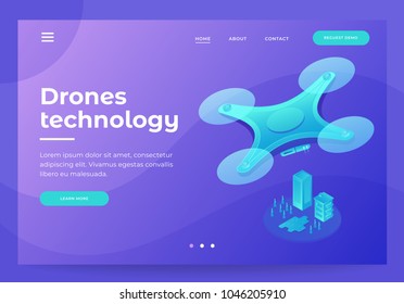 Design for Landing Page with image quadcopter. Drone flying over city. Modern technologies for delivery, entertainments, photo and video shooting. 3d isometric flat design. Vector illustration.