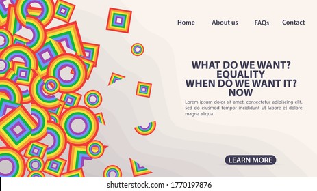 design for landing page design of a website and mobile apps, rainbow flag in the form of squares circles and triangles LGBT + symbol, space for information and buttons for site navigation