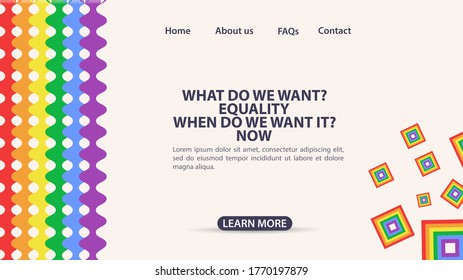 design for the landing page of the website and mobile apps, vertical rainbow flag symbol LGBT+, space for information and navigation buttons on the site