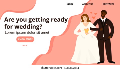 Design of landing page for the wedding site. Vector illustration with happy couple.