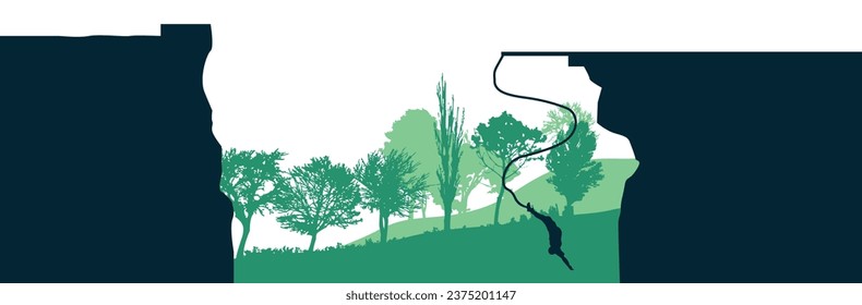 A design of a landscape with a man performing bungee jump from the cliff.