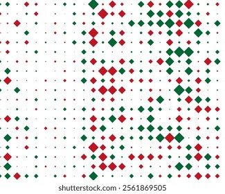 Design with large and small rhombus, squares on a white background. The Christmas colours are red and green. For banners, wallpapers, social media