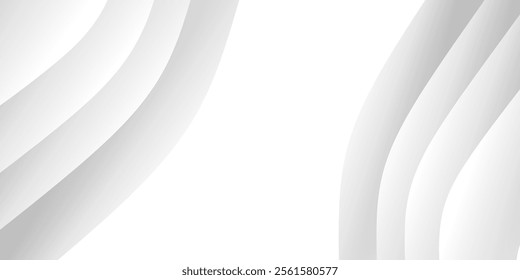 A design of layered, curved lines in light gray. Abstract white background with curved lines and gray waves featuring a clean design template for business or creative projects