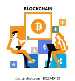 Design layout for Blockchain/ A man and a woman can crypt. Crypto currency icons. Poster, banner for print and web, about crypto currency and Blockchain. Vector Illustration on white background.