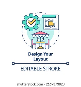 Design layout concept icon. Opening restaurant step abstract idea thin line illustration. Floor plan. Space allocation. Isolated outline drawing. Editable stroke. Arial, Myriad Pro-Bold fonts used