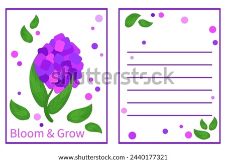 Design layout of greeting card with the inscription Bloom and Grow. Vector stylized lilac flower in shades of purple, lilac, pink. Blank template on white background