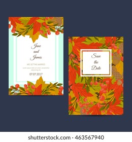 Design layout invitation of autumn leaves and flowers vector illustration