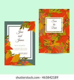 Design layout invitation of autumn leaves and flowers vector illustration
