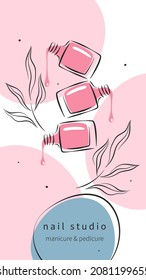 Design layout nail studio for social media posts and stories, mobile apps. Nail polish. Vector illustrations