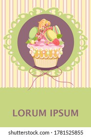 Design layout with pastries for poster, flayers, banners. Colored background with frame .Vector illustration.