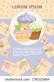 Diseño con bollería para afiches, capas y pancartas. Fondo coloreado con embalaje, regalos.Ilustración vectorial.