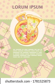 Design-Layout mit Plundergebäck, Fliesen, Bannern. Farbiger Hintergrund mit Verpackung, Geschenke.Vektorgrafik.