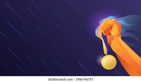 Design layout with symbol of victory hand with raised medal movement and energy. Diploma, diploma, illustration, booklet, advertising banner.