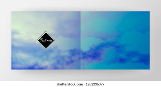 Design of leaflet with print of blue cloudy sky reflection in water, vector illustration