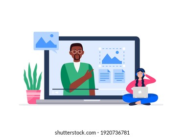 Design learning concept. Course from professionals, bloggers, designers. Online education, e-learning, studying at home. Vector flat illustration.