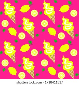 Design lemon ice cream in a cone on a pink background, with an old vintage texture, artistic. Vector seamless illustration.