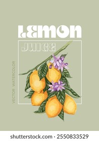 Design of lemons with text. Watercolor illustration. Isolated vector