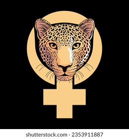 Design for a leopard face t-shirt on the symbol of feminism isolated on black. Vector illustration for the fight of human rights.