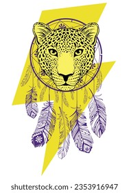 Design for a leopard head t-shirt next to the symbol of thunderbolt and a dream catcher. Vector illustration good for the day of endangered animals.