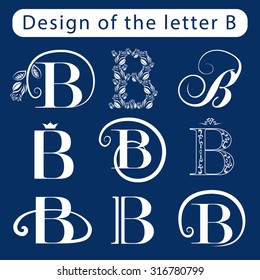 Design of the letter B. Calligraphic elegant line art logo elements. Set Abstract Icon template. Emblem sign for Royalty, business card, Boutique, Hotel, Restaurant, Cafe, Jewelry. Vector illustration