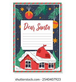 Design of letter to Santa Claus. Vector empty template. Blank paper or sheet for kids wishlist. Printable cartoon document or card with Christmas decoration. New Year and Christmas holiday print.