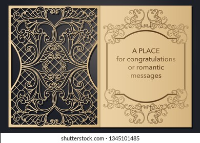 Design letterhead greetings for laser paper cutting. Openwork cartouche on the cover. Decorative frame for the decoration of festive text. Blank invitation form, menu, message for wedding, party